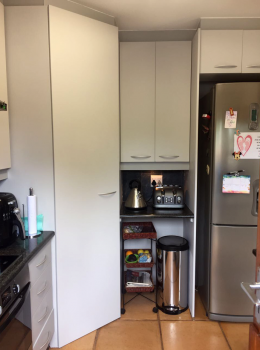 Sanded, primed & painted light grey with darker grey trim