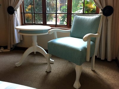 Restored armchair with manufactured round table. Re-upholstered and Painted to client requirements