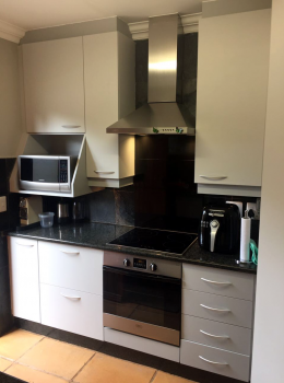 Sanded, primed & painted light grey with darker grey trim